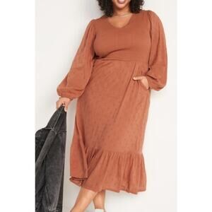 Old Navy Women Dress Boho Warm Hickory Swiss Dot Smocked Pockets XL Stretch NWT